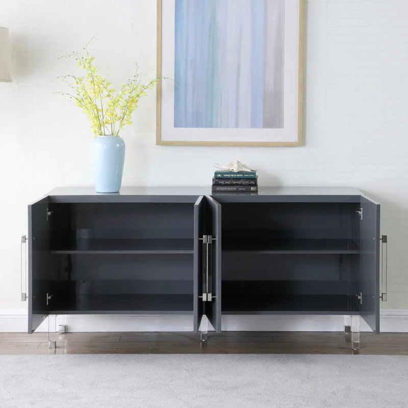 Meridian Furniture Anastasia Lacquer Sideboard/Buffet With Acrylic Legs And Gold Tips, Gray - Image 4