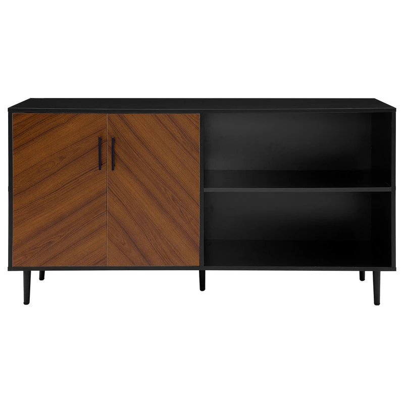 Walker Edison 58" Midcentury Modern Bookmatched Doors Asymmetrical TV Stand, Black
