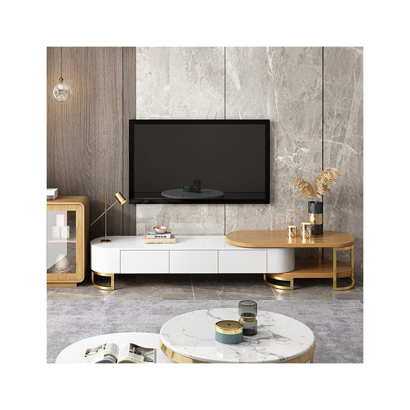 HOMARY 67" To 91" Extending TV Stand With Storage Oval White & Natural Media Console 4 HOMARY 67" To 91" Extending TV Stand With Storage Oval White & Natural Media Console - Image 4