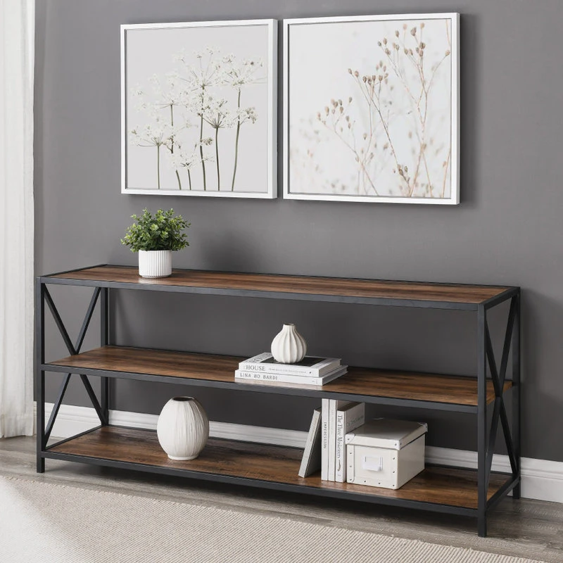 Walker Edison 60" X-Frame Metal And Wood Media Bookshelf, Rustic Oak 2 Walker Edison 60" X-Frame Metal And Wood Media Bookshelf, Rustic Oak - Image 2