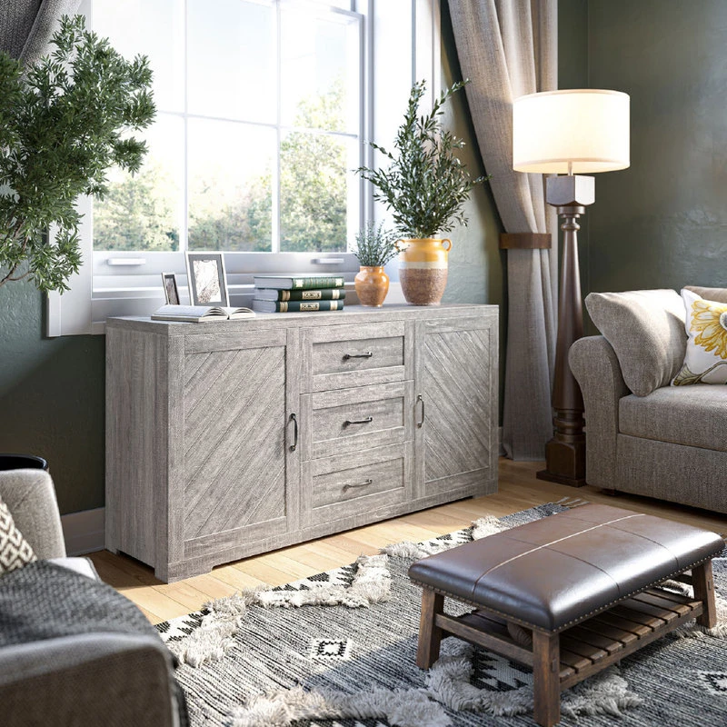 Belleze Sideboard, Console Table Or Buffet With Three Drawers & Four Shelves, Gray Wash - Image 3