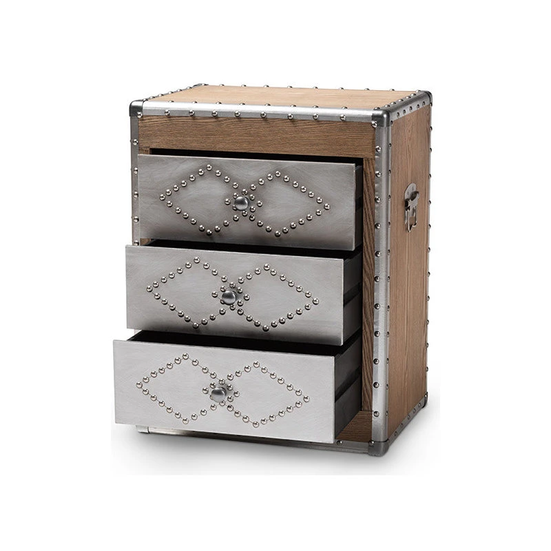Wholesale Interiors Audric French Industrial Brown Wood And Silver Metal 3-Drawer Storage Cabinet 3 Wholesale Interiors Audric French Industrial Brown Wood And Silver Metal 3-Drawer Storage Cabinet - Image 3