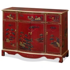 China Furniture And Arts Red Lacquer Chinoiserie Scenery Motif Oriental Hall Cabinet