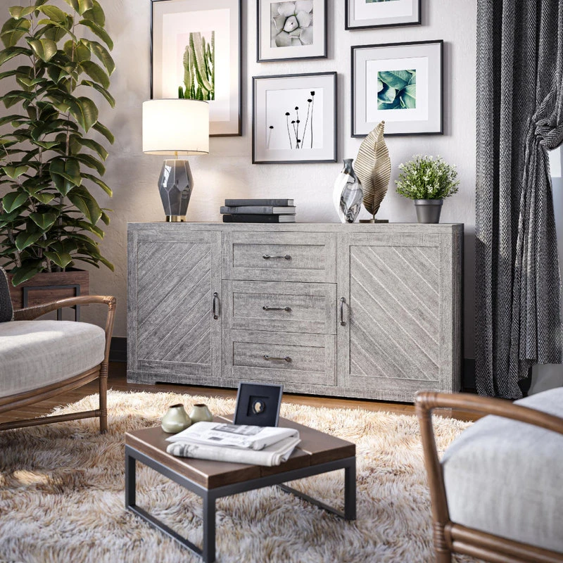 Belleze Sideboard, Console Table Or Buffet With Three Drawers & Four Shelves, Gray Wash - Image 2