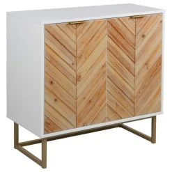 Decorn Modern Storage Cabinet, Doors With Herringbone Pattern & Inner Shelf, White/Gold