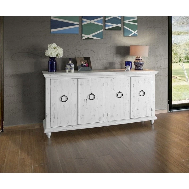 Crafters And Weavers Macao Rustic Modern Solid Wood 4-Door Sideboard, White - Image 2