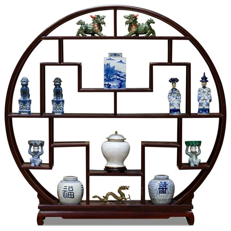 China Furniture And Arts Dark Cherry Grand Elmwood Asian Moon Curio Stand - Image 2