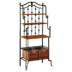 Decor Love Mediterranean Bakers Rack, 2 Open Shelves And 2 Rattan Storage Baskets, Walnut