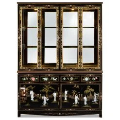 China Furniture And Arts 60" Black Lacquer Pearl Figure Motif China Cabinet