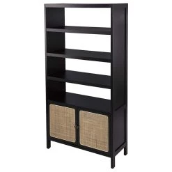 Decorn Multifunctional Bookcase, 4 Open Shelves And Cabinet With Rattan Doors, Black