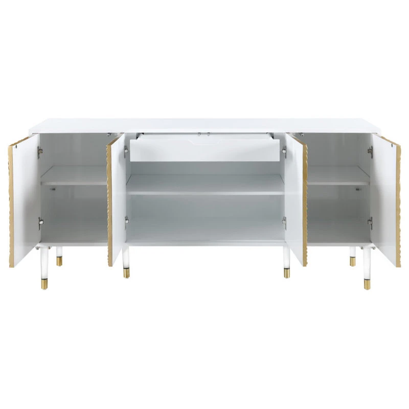 Meridian Furniture Bellissimo White Lacquer Sideboard/Buffet, Acrylic Legs, Gold Tips & Gold Finish - Image 3