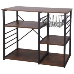 Benjara Wood And Metal Bakers Rack With 4 Shelves And Wire Basket, Brown And Black