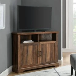 Walker Edison 44" Grooved Door Corner TV Console, Reclaimed Barnwood