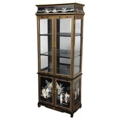 Oriental Furniture Lacquer Curio Cabinet, Black Mother Of Pearl Ladies
