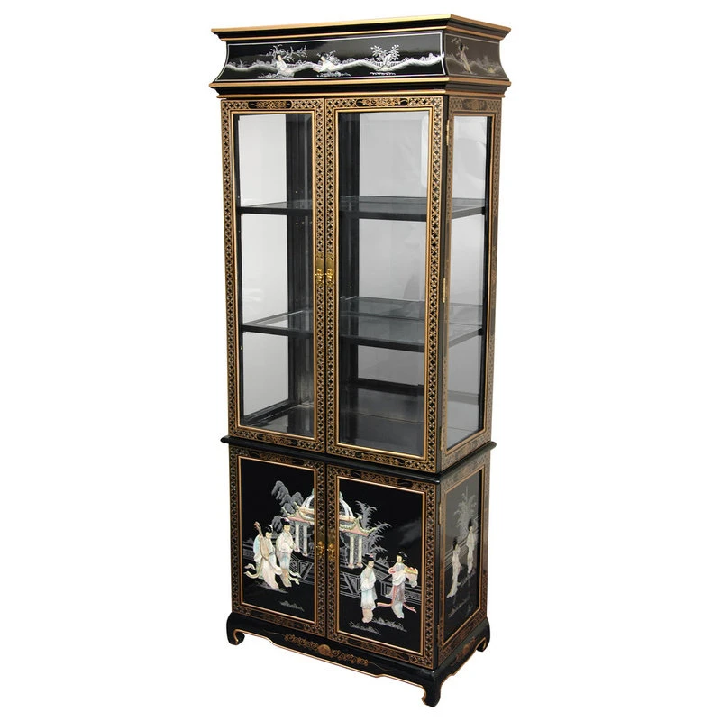 Oriental Furniture Lacquer Curio Cabinet, Black Mother Of Pearl Ladies 1 Oriental Furniture Lacquer Curio Cabinet, Black Mother Of Pearl Ladies