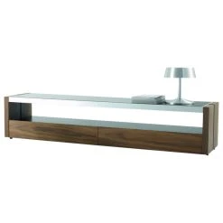 BTNYC Trieste Modern TV Stand In Matte Walnut With Black Glass Top