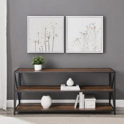 Walker Edison 60" X-Frame Metal And Wood Media Bookshelf, Rustic Oak