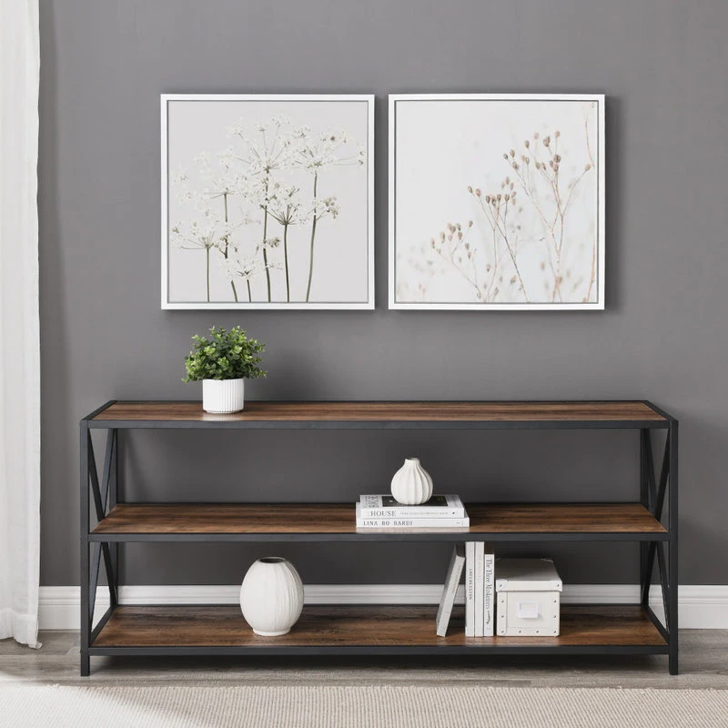 Walker Edison 60" X-Frame Metal And Wood Media Bookshelf, Rustic Oak 1 Walker Edison 60" X-Frame Metal And Wood Media Bookshelf, Rustic Oak