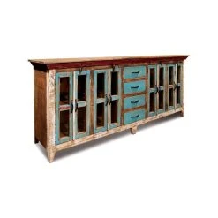 Crafters And Weavers La Boca Rustic Distressed Solid Wood Sideboard, Curio Cabinet. Glass-Doors