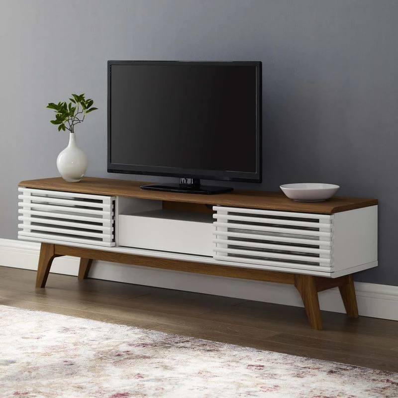 America Luxury Media TV Stand Console Table, Wood, Brown Walnut White, Modern, Lounge - Image 2
