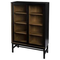 Maklaine Farmhouse Engineered Wooden Curio Cabinet In Black And Natural