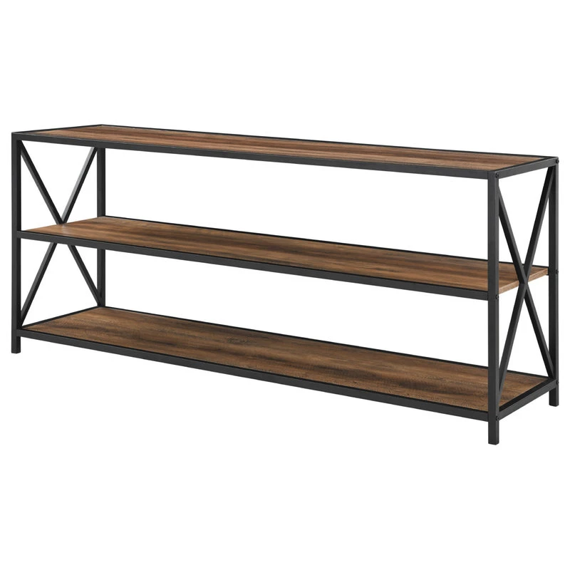 Walker Edison 60" X-Frame Metal And Wood Media Bookshelf, Rustic Oak 4 Walker Edison 60" X-Frame Metal And Wood Media Bookshelf, Rustic Oak - Image 4