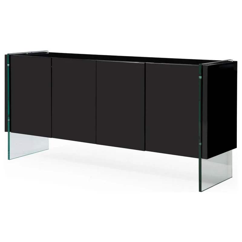 Zuri Furniture Modern Art Buffet Black Lacquer Cabinets Tempered Glass Base