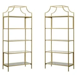 Home Square Contemporary 2 Piece Metal Bookcase Set In Satin Gold