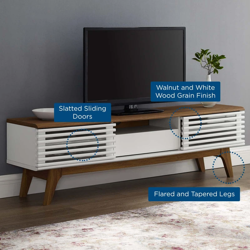 America Luxury Media TV Stand Console Table, Wood, Brown Walnut White, Modern, Lounge - Image 4