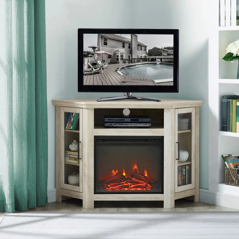 Walker Edison 48" Wood Corner Fireplace Media TV Stand Console . White Oak - Image 4
