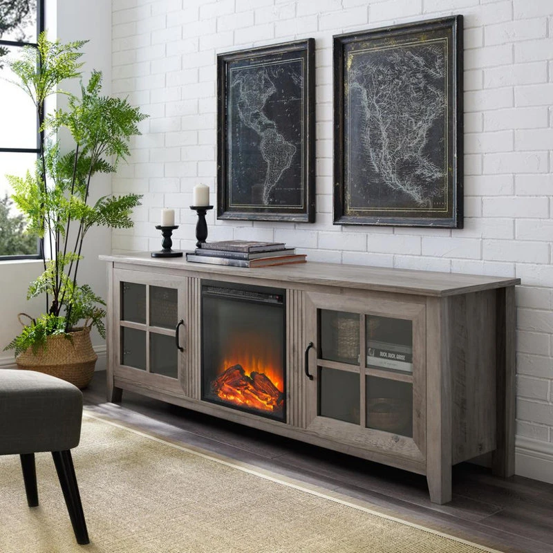 Walker Edison 70" Farmhouse Wood Fireplace TV Stand With Glass Doors - Grey Wash 2 Walker Edison 70" Farmhouse Wood Fireplace TV Stand With Glass Doors - Grey Wash - Image 2