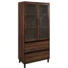 Pemberly Row 68" Glass Door Storage Hutch With Adjustable Shelves In Dark Walnut