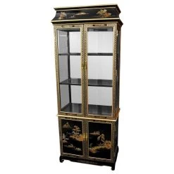 Oriental Furniture Ming Pagoda Top Curio Cabinet With Hand Painted Oriental Landscape