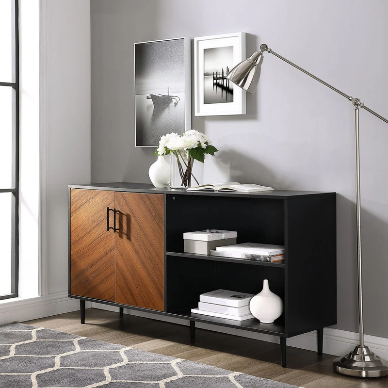 Walker Edison 58" Midcentury Modern Bookmatched Doors Asymmetrical TV Stand, Black - Image 3