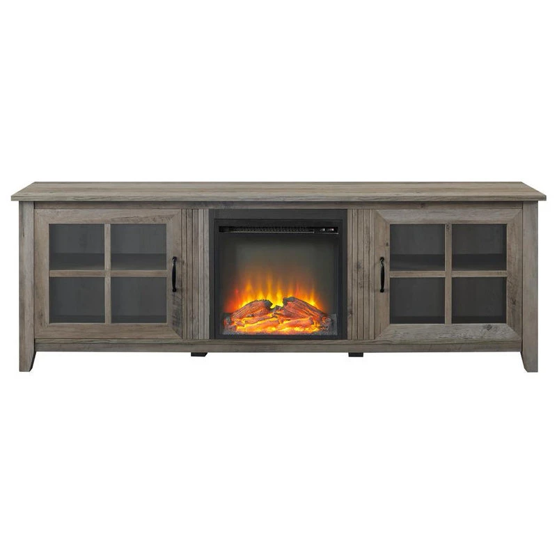 Walker Edison 70" Farmhouse Wood Fireplace TV Stand With Glass Doors - Grey Wash 4 Walker Edison 70" Farmhouse Wood Fireplace TV Stand With Glass Doors - Grey Wash - Image 4