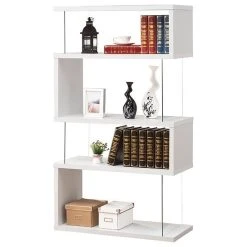 Bowery Hill Modern Glass 4 Shelf Asymmetrical Snaking Bookcase In Glossy White
