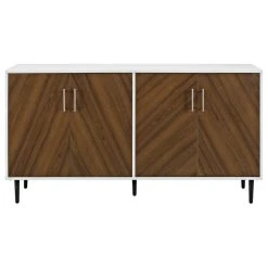 Walker Edison 58" Modern Bookmatch Buffet, White And Teak