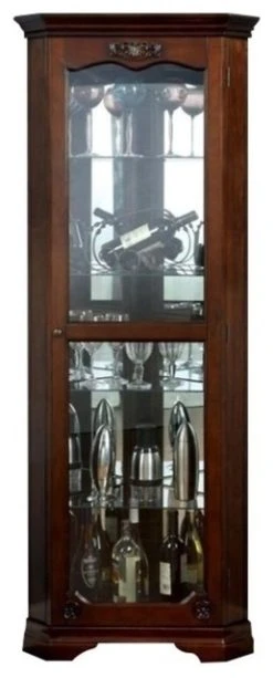 Pemberly Row Traditional Wood Corner Curio Cabinet In Walnut Brown