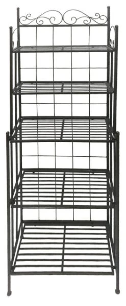 Benzara, Woodland Imprts, The Urban Port 5 Tier Storage Metal Bakers Rack With Scrollwork Top, Gunmetal Gray